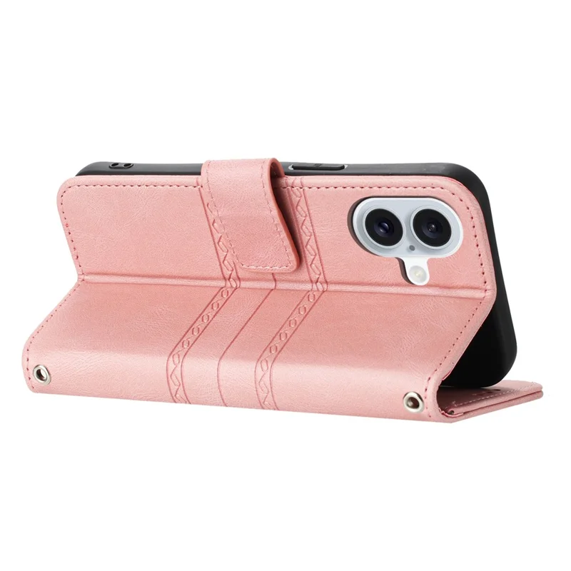 For iPhone 17 Case Wallet Skin-Touch Leather Imprinted Phone Cover with Wrist Strap - Pink