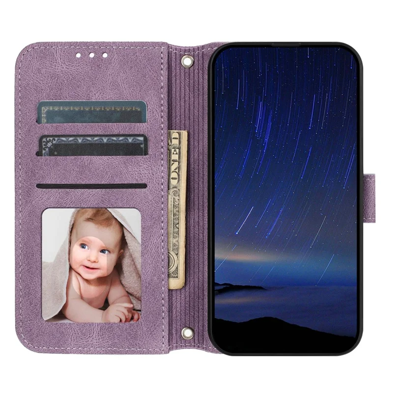 For iPhone 17 Air Case Wallet Skin-Touch Leather Imprinted Phone Cover with Wrist Strap - Purple