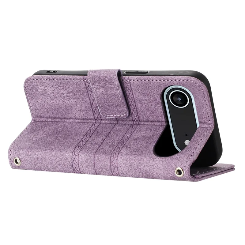 For iPhone 17 Air Case Wallet Skin-Touch Leather Imprinted Phone Cover with Wrist Strap - Purple