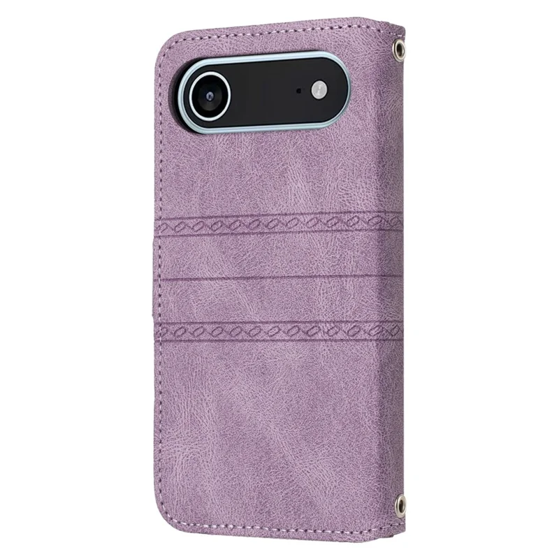 For iPhone 17 Air Case Wallet Skin-Touch Leather Imprinted Phone Cover with Wrist Strap - Purple