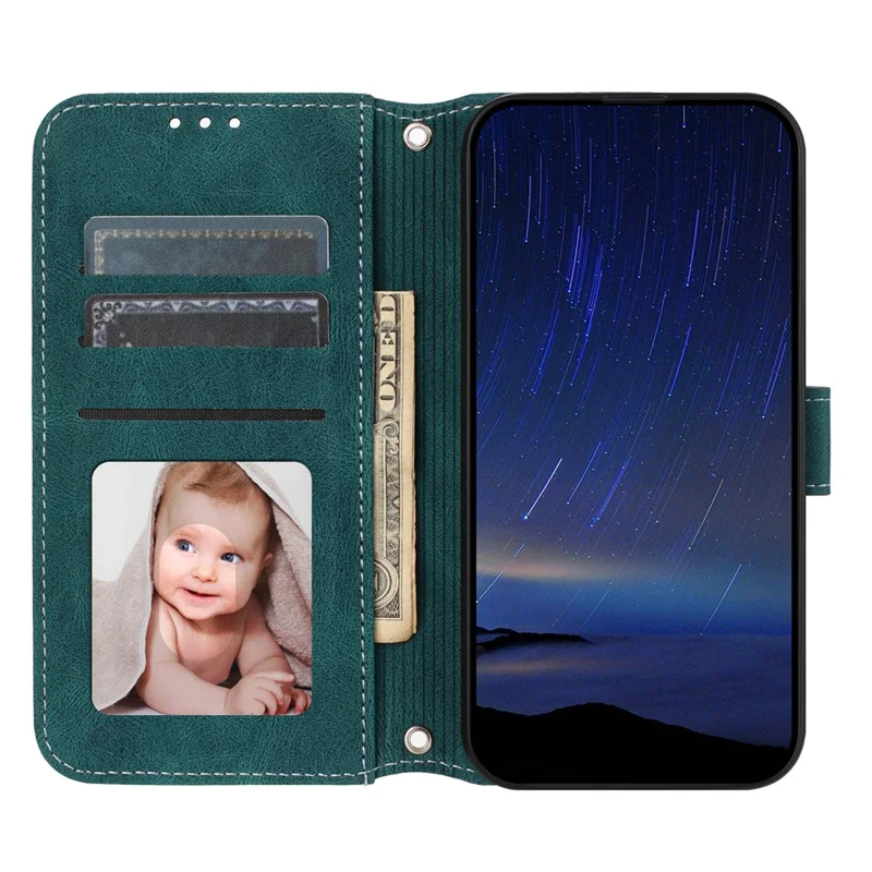 For iPhone 17 Pro Max Case Wallet Skin-Touch Leather Imprinted Phone Cover with Wrist Strap - Blackish Green