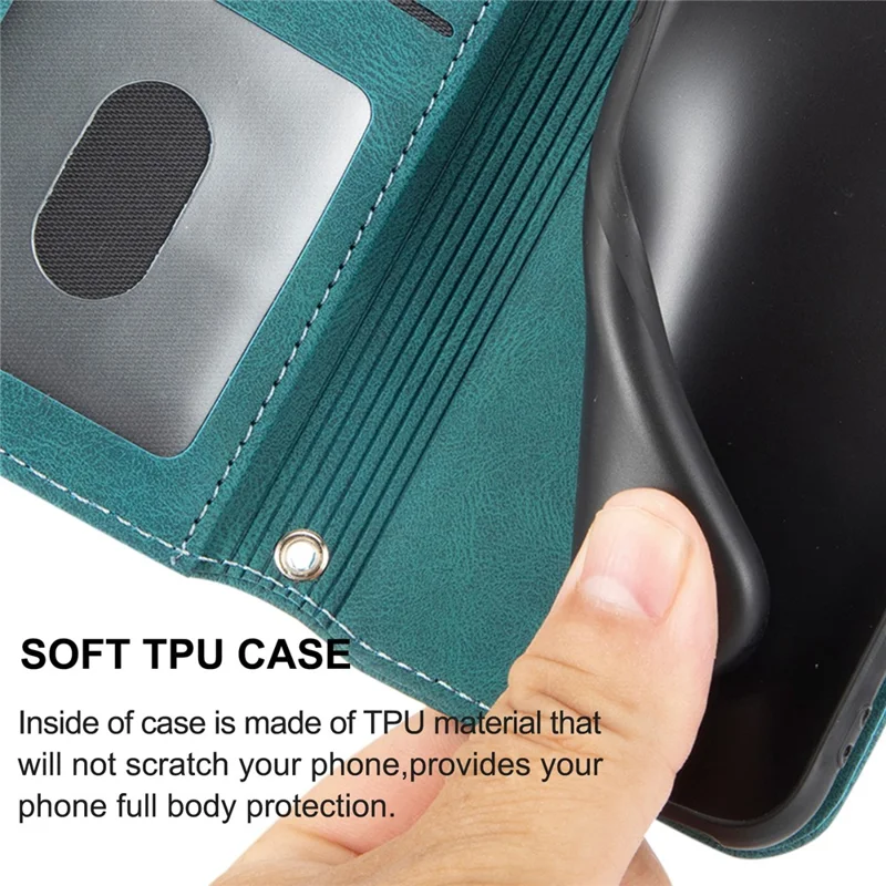 For iPhone 17 Pro Max Case Wallet Skin-Touch Leather Imprinted Phone Cover with Wrist Strap - Blackish Green