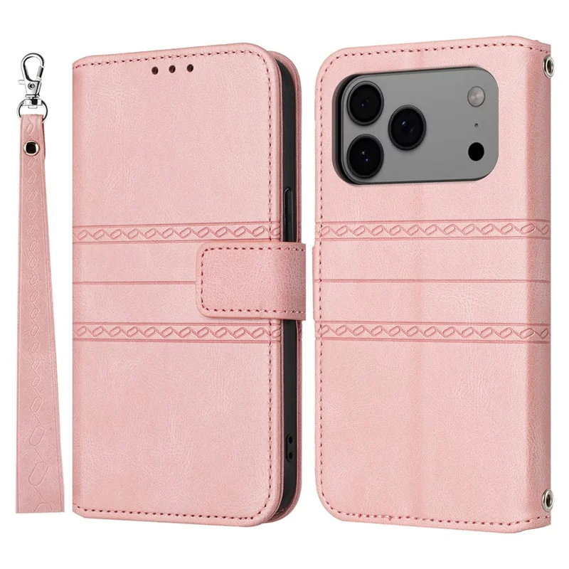 For iPhone 17 Pro Max Case Wallet Skin-Touch Leather Imprinted Phone Cover with Wrist Strap - Pink