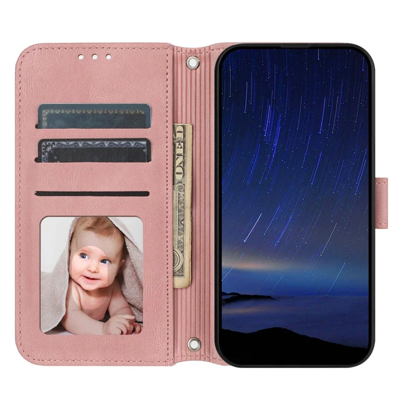 For iPhone 17 Pro Max Case Wallet Skin-Touch Leather Imprinted Phone Cover with Wrist Strap - Pink