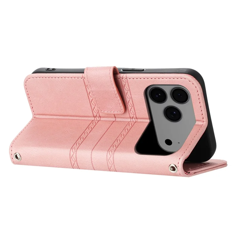 For iPhone 17 Pro Max Case Wallet Skin-Touch Leather Imprinted Phone Cover with Wrist Strap - Pink