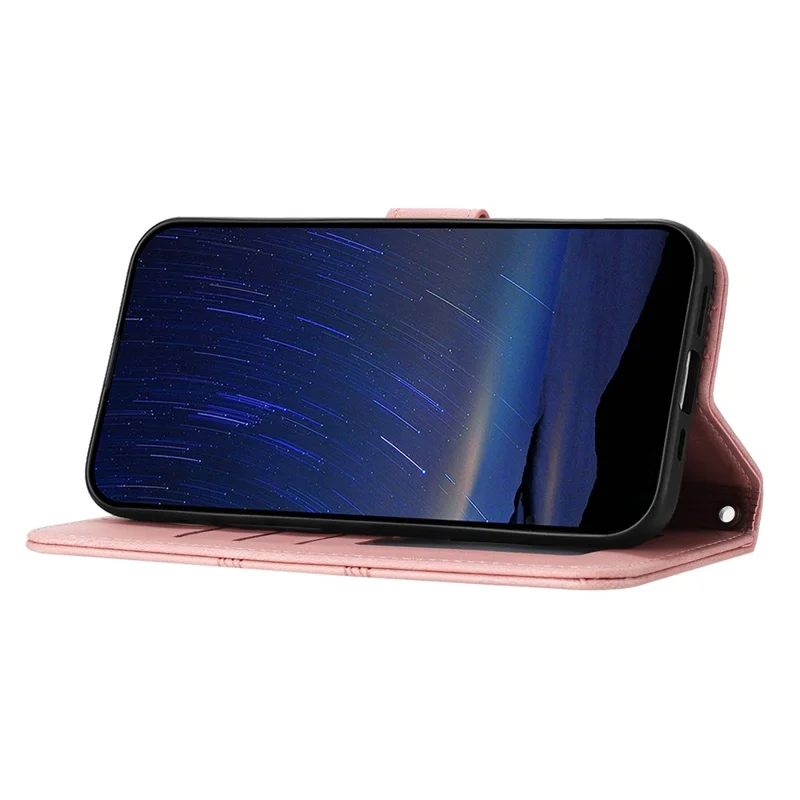 For iPhone 17 Pro Max Case Wallet Skin-Touch Leather Imprinted Phone Cover with Wrist Strap - Pink