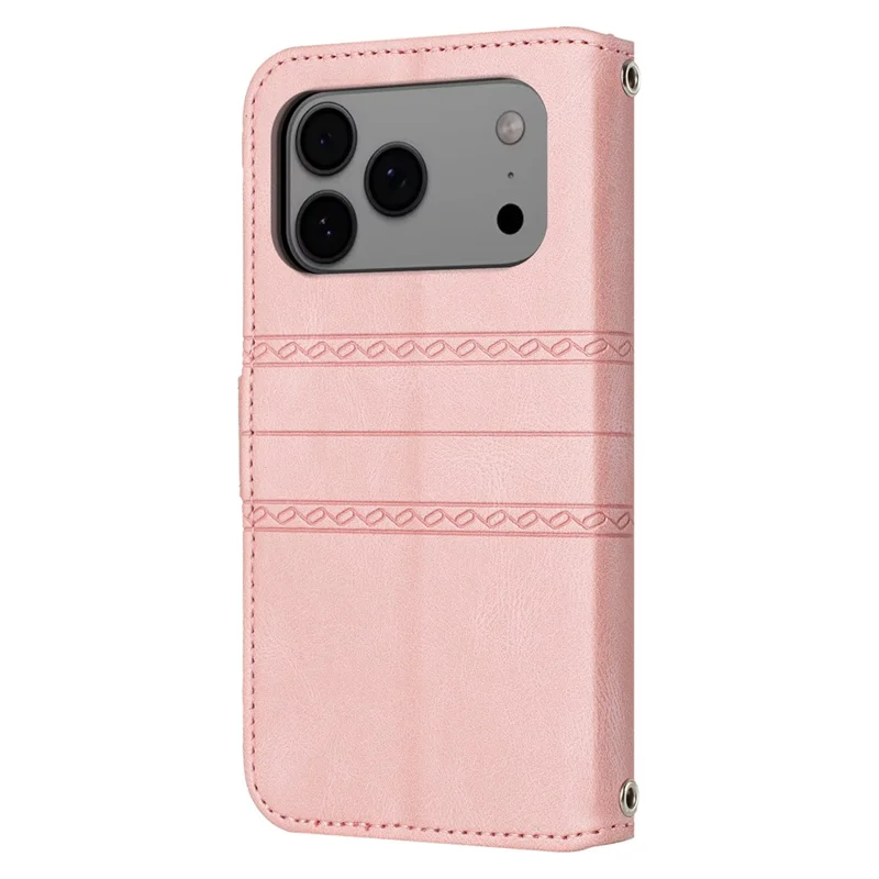 For iPhone 17 Pro Max Case Wallet Skin-Touch Leather Imprinted Phone Cover with Wrist Strap - Pink