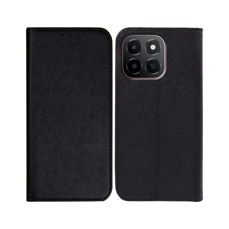 For Honor X6c 4G Case Cross Texture Leather Phone Cover Hidden Magnetic - Black