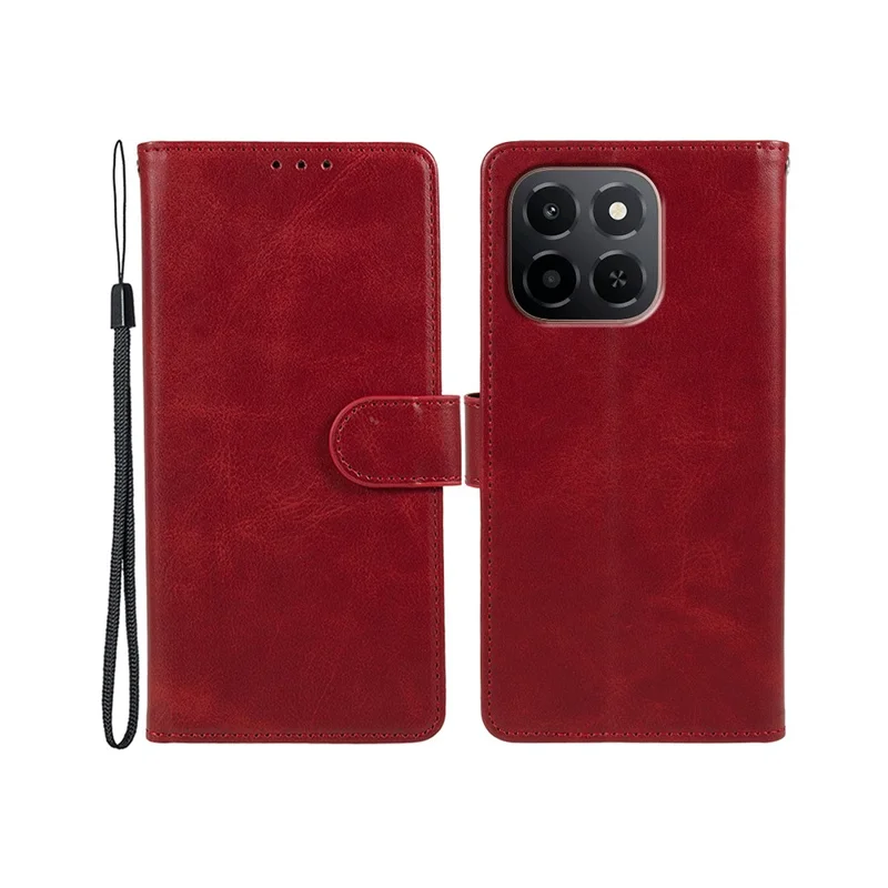 For Honor X6c 4G Case Calf Texture PU Leather Wallet Phone Cover with Wrist Strap - Red