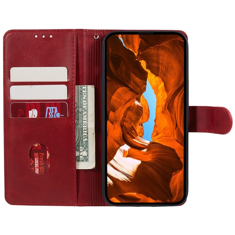 For Honor X6c 4G Case Calf Texture PU Leather Wallet Phone Cover with Wrist Strap - Red