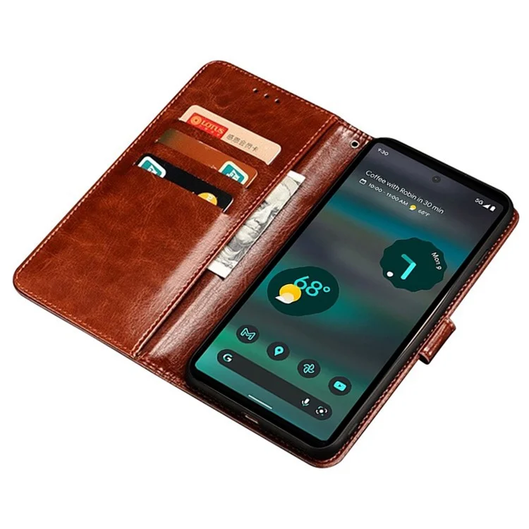 IDEWEI Crazy Horse Texture Shockproof Case for Google Pixel 6a, PU Leather Foldable Stand Wallet Folio Flip Phone Cover - Brown