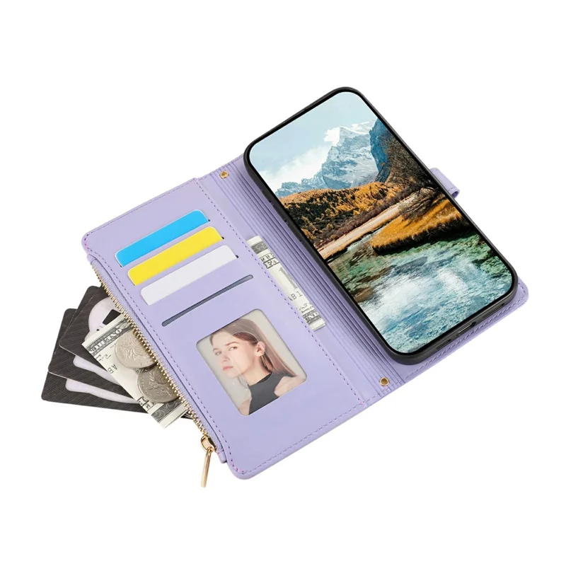 Voor iPhone 17 Pro-hoesje met meerdere kaartsleuven, rits, ruitvormig lederen telefoonhoesje met polsbandje - Paars