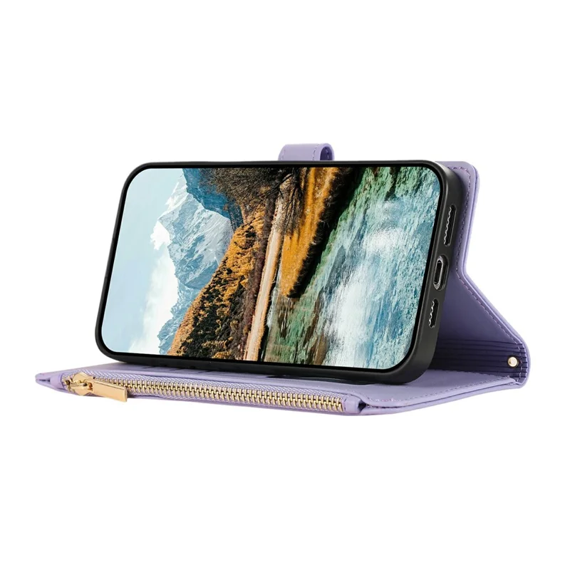 Voor iPhone 17 Pro-hoesje met meerdere kaartsleuven, rits, ruitvormig lederen telefoonhoesje met polsbandje - Paars