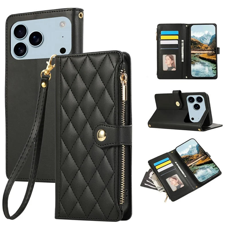 For iPhone 17 Pro Case Multi Card Slots Zipper Rhombus Leather Phone Cover with Wrist Strap - Black
