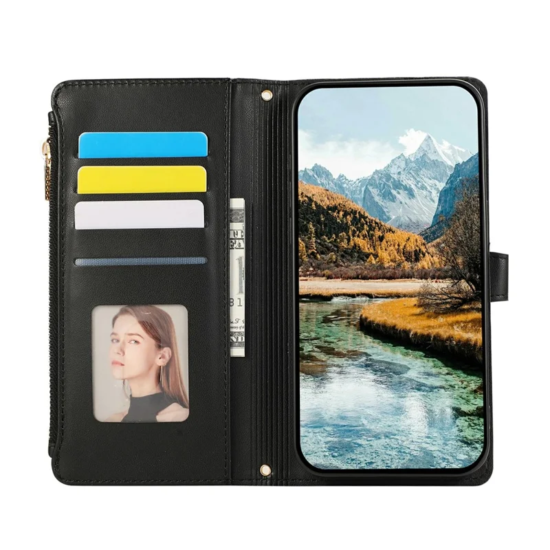 For iPhone 17 Pro Case Multi Card Slots Zipper Rhombus Leather Phone Cover with Wrist Strap - Black