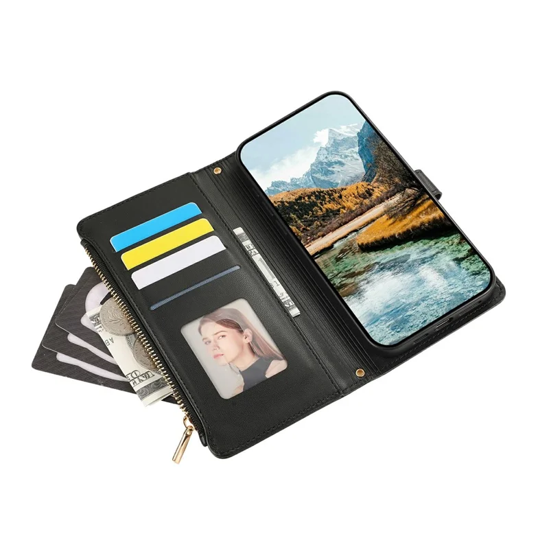 For iPhone 17 Pro Case Multi Card Slots Zipper Rhombus Leather Phone Cover with Wrist Strap - Black
