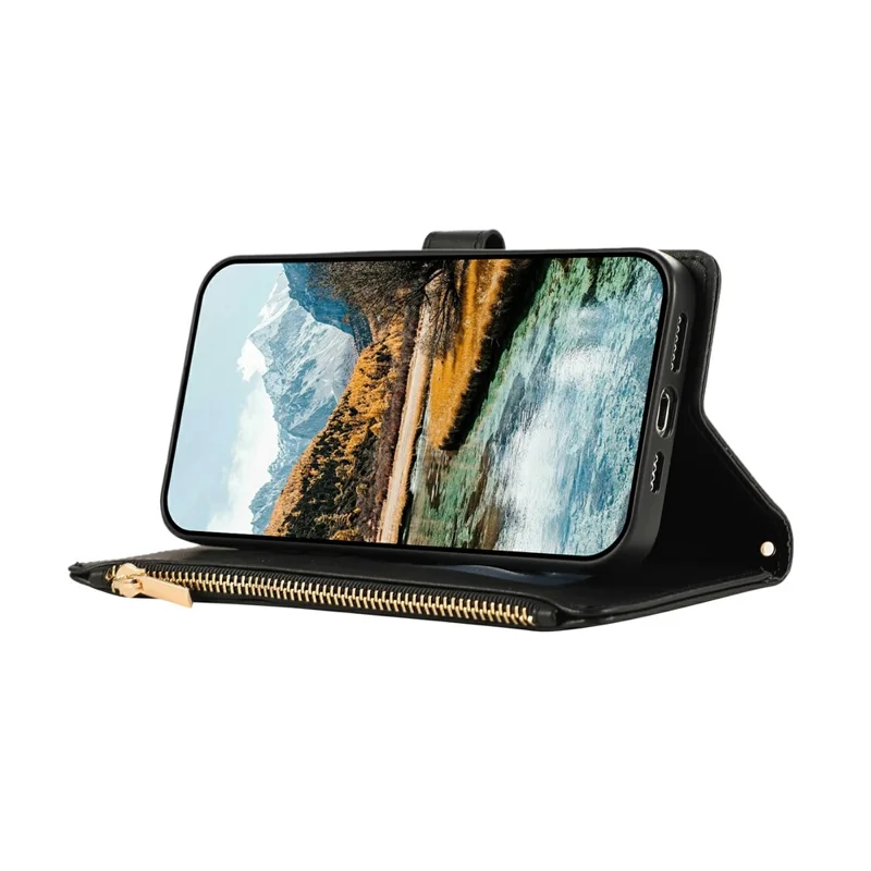 For iPhone 17 Pro Case Multi Card Slots Zipper Rhombus Leather Phone Cover with Wrist Strap - Black
