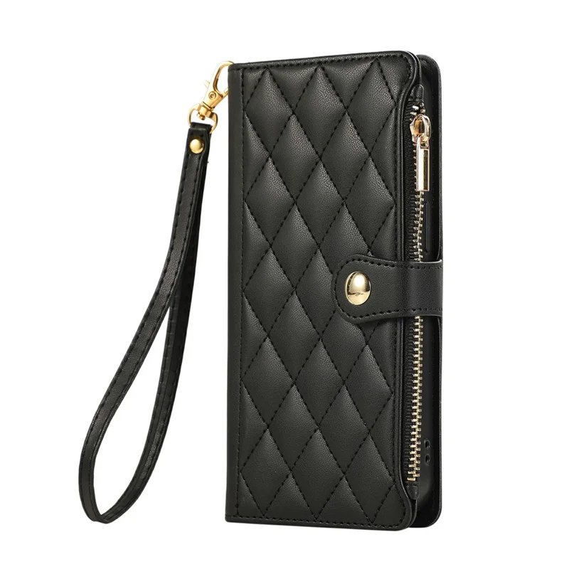 For iPhone 17 Pro Case Multi Card Slots Zipper Rhombus Leather Phone Cover with Wrist Strap - Black