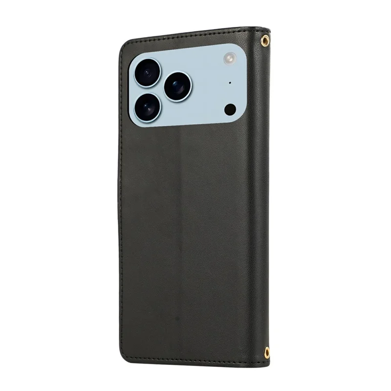 For iPhone 17 Pro Case Multi Card Slots Zipper Rhombus Leather Phone Cover with Wrist Strap - Black