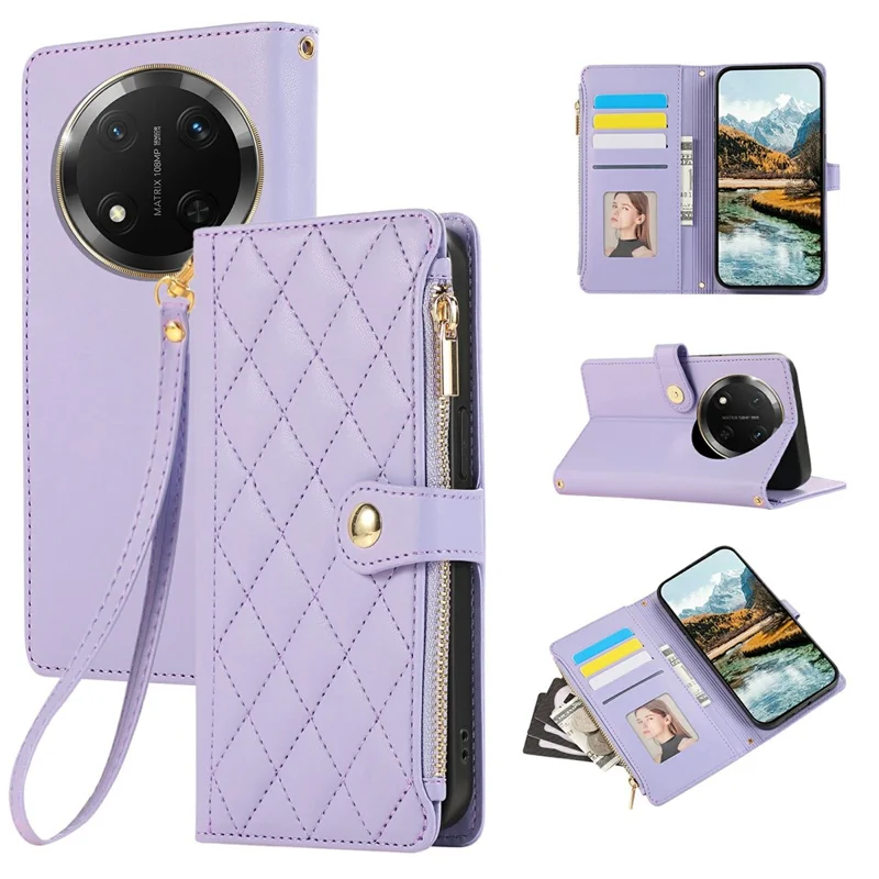 Phone Case For Honor X60 Pro 5G / X9c 5G / Magic7 Lite 5G Multi Card Slots Zipper Rhombus Leather Cover with Wrist Strap - Purple