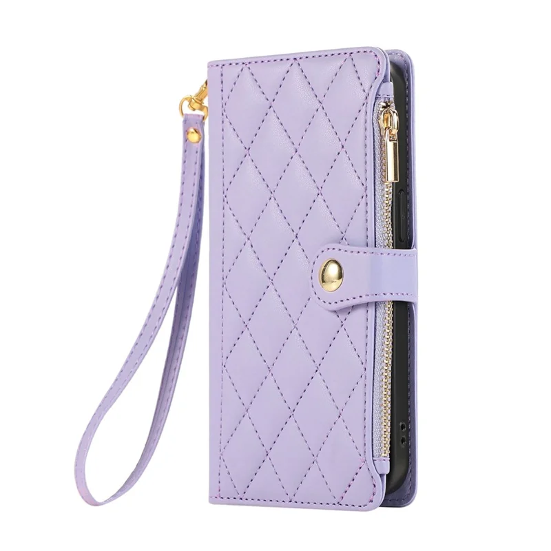Phone Case For Honor X60 Pro 5G / X9c 5G / Magic7 Lite 5G Multi Card Slots Zipper Rhombus Leather Cover with Wrist Strap - Purple