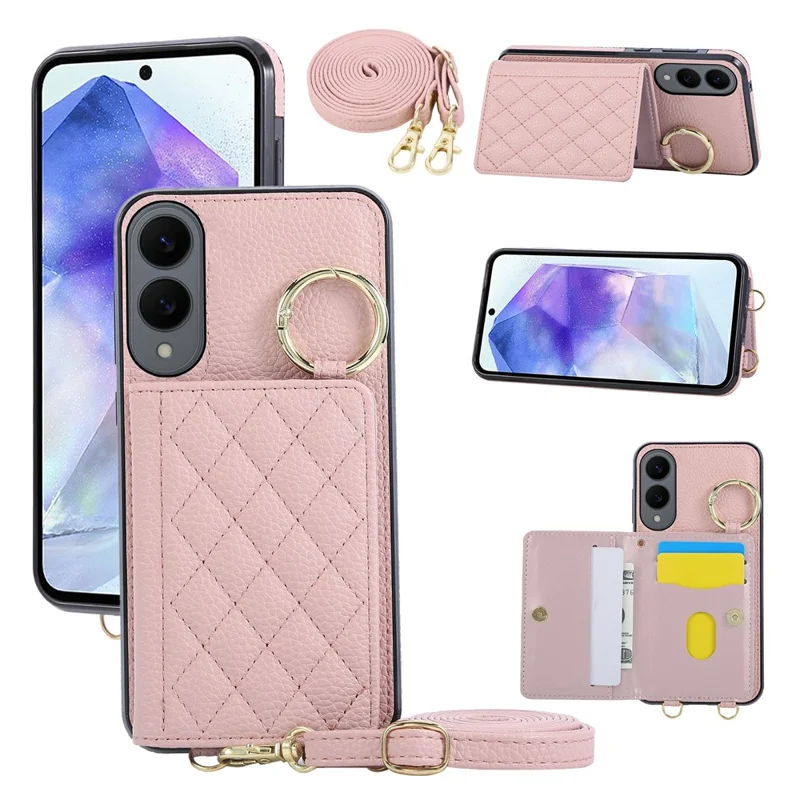 For Samsung Galaxy S25 Edge Case Kickstand Rhombus Leather + TPU Phone Cover with Shoulder Strap - Pink