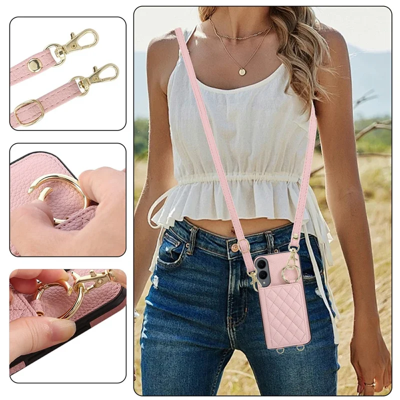 For Samsung Galaxy S25 Edge Case Kickstand Rhombus Leather + TPU Phone Cover with Shoulder Strap - Pink