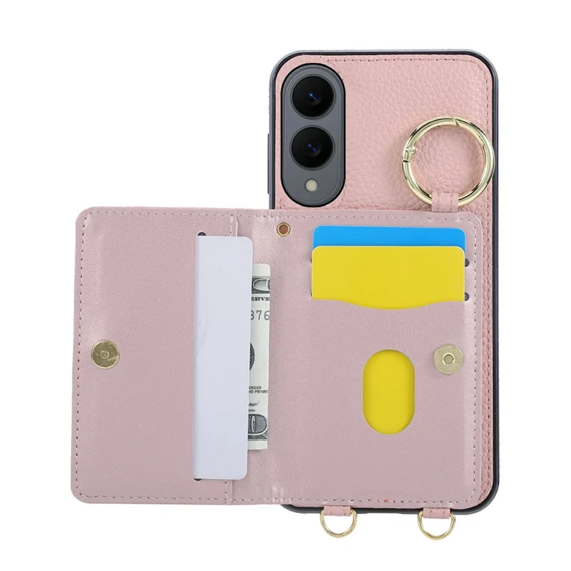 For Samsung Galaxy S25 Edge Case Kickstand Rhombus Leather + TPU Phone Cover with Shoulder Strap - Pink