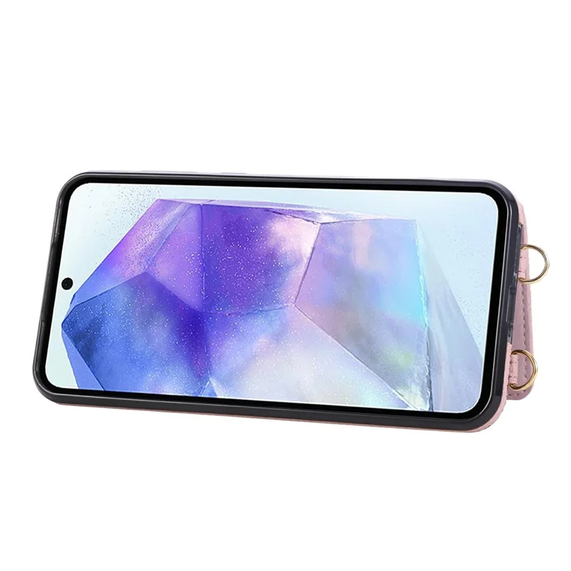 For Samsung Galaxy S25 Edge Case Kickstand Rhombus Leather + TPU Phone Cover with Shoulder Strap - Pink