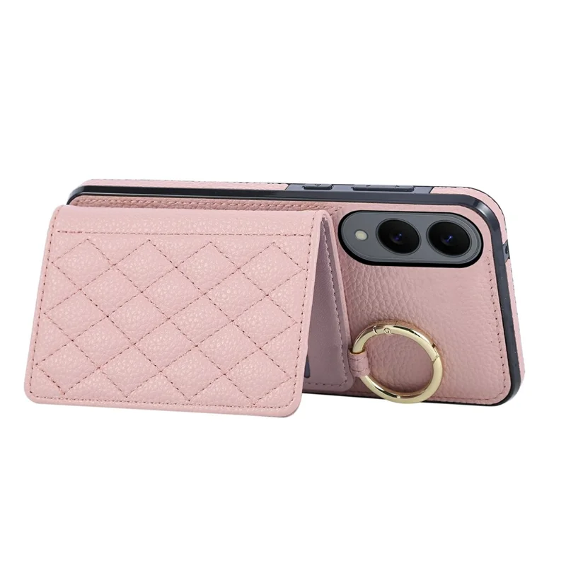 For Samsung Galaxy S25 Edge Case Kickstand Rhombus Leather + TPU Phone Cover with Shoulder Strap - Pink