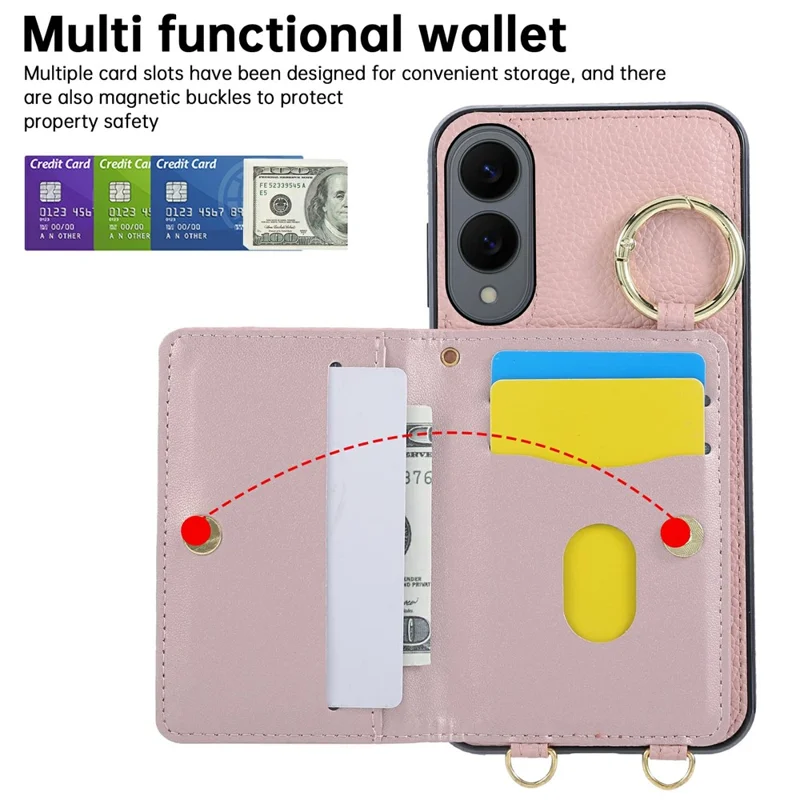 For Samsung Galaxy S25 Edge Case Kickstand Rhombus Leather + TPU Phone Cover with Shoulder Strap - Pink