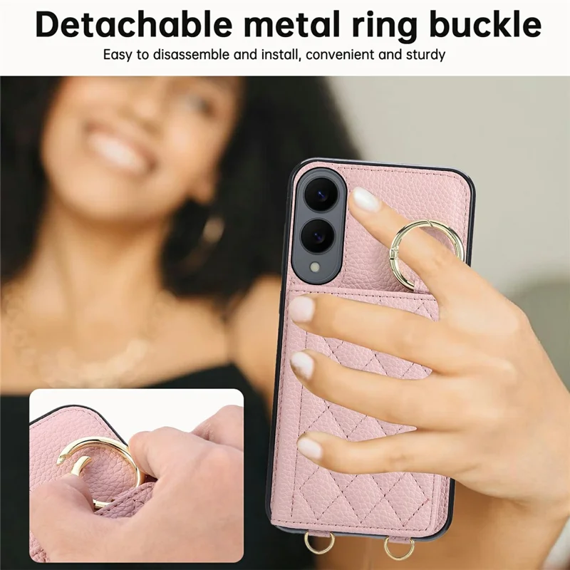 For Samsung Galaxy S25 Edge Case Kickstand Rhombus Leather + TPU Phone Cover with Shoulder Strap - Pink