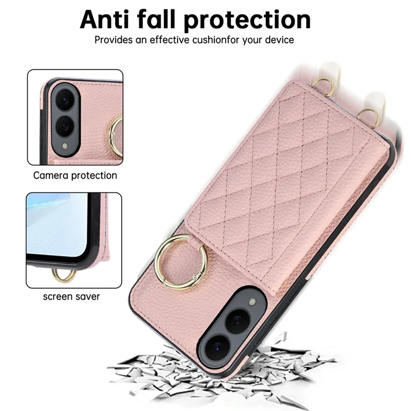 For Samsung Galaxy S25 Edge Case Kickstand Rhombus Leather + TPU Phone Cover with Shoulder Strap - Pink