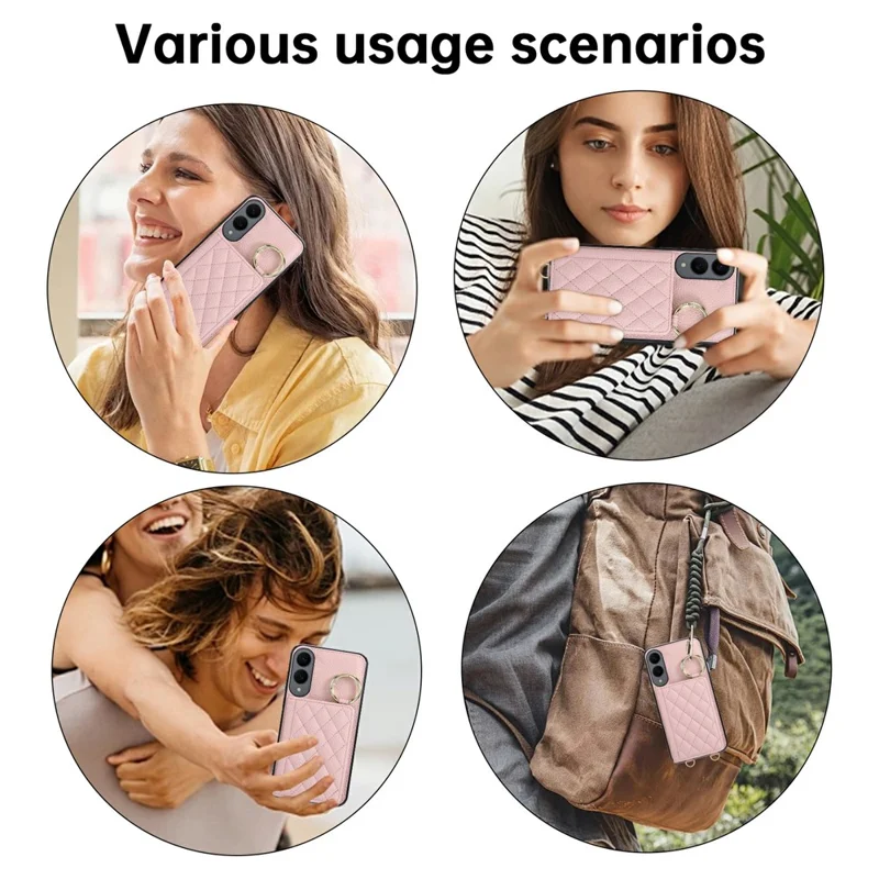 For Samsung Galaxy S25 Edge Case Kickstand Rhombus Leather + TPU Phone Cover with Shoulder Strap - Pink