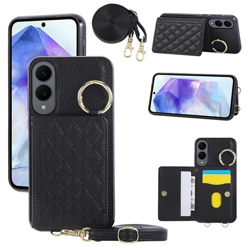 For Samsung Galaxy S25 Edge Case Kickstand Rhombus Leather + TPU Phone Cover with Shoulder Strap - Black