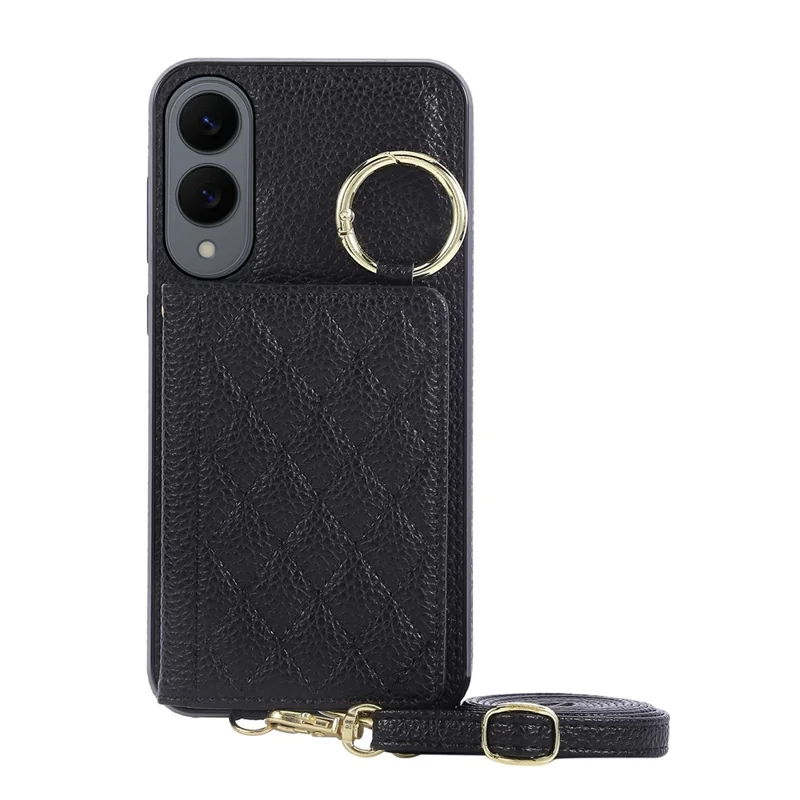 For Samsung Galaxy S25 Edge Case Kickstand Rhombus Leather + TPU Phone Cover with Shoulder Strap - Black