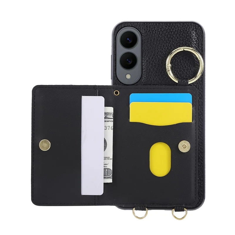 For Samsung Galaxy S25 Edge Case Kickstand Rhombus Leather + TPU Phone Cover with Shoulder Strap - Black