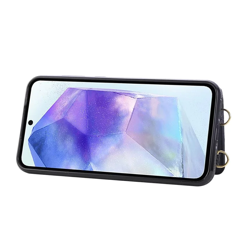 For Samsung Galaxy S25 Edge Case Kickstand Rhombus Leather + TPU Phone Cover with Shoulder Strap - Black