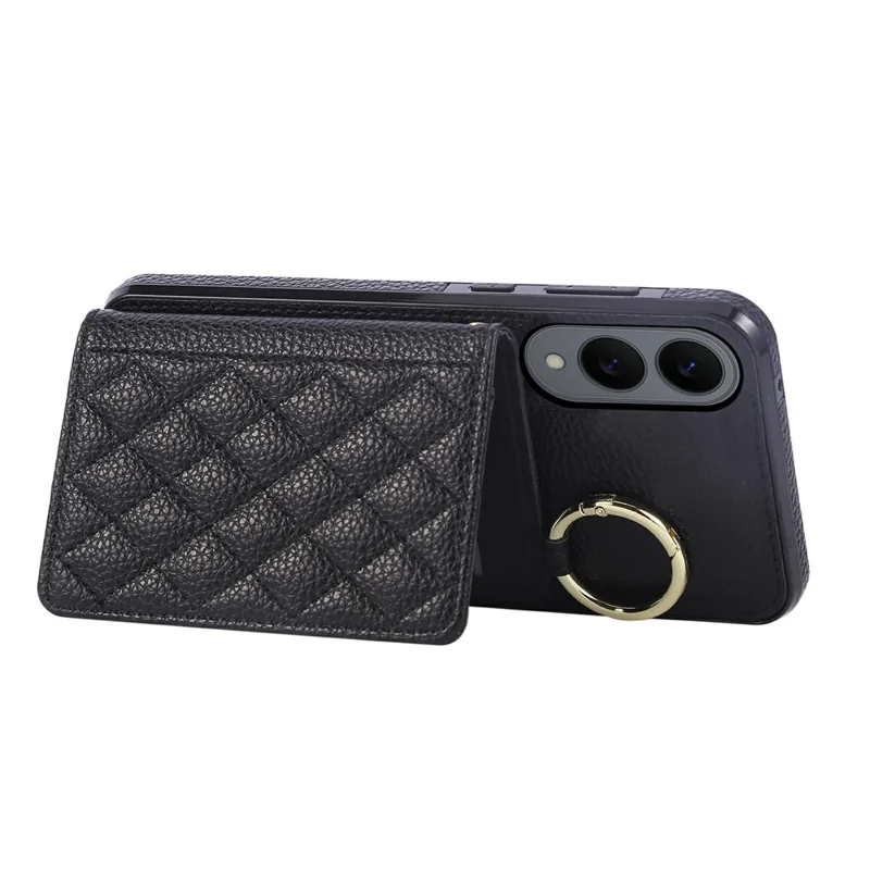 For Samsung Galaxy S25 Edge Case Kickstand Rhombus Leather + TPU Phone Cover with Shoulder Strap - Black