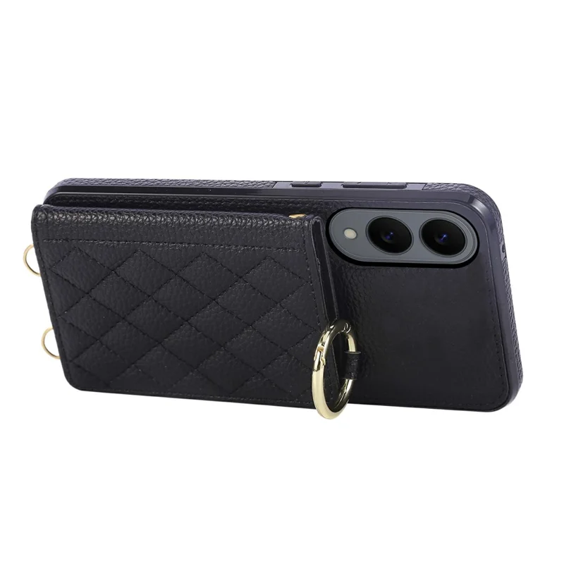 For Samsung Galaxy S25 Edge Case Kickstand Rhombus Leather + TPU Phone Cover with Shoulder Strap - Black