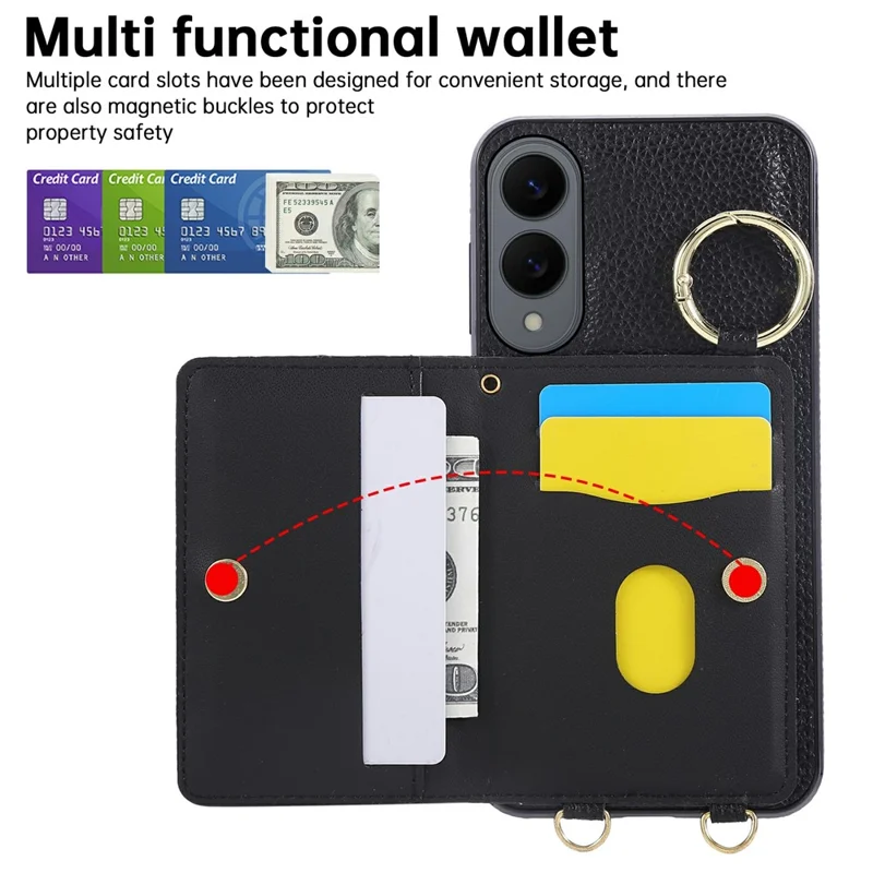 For Samsung Galaxy S25 Edge Case Kickstand Rhombus Leather + TPU Phone Cover with Shoulder Strap - Black