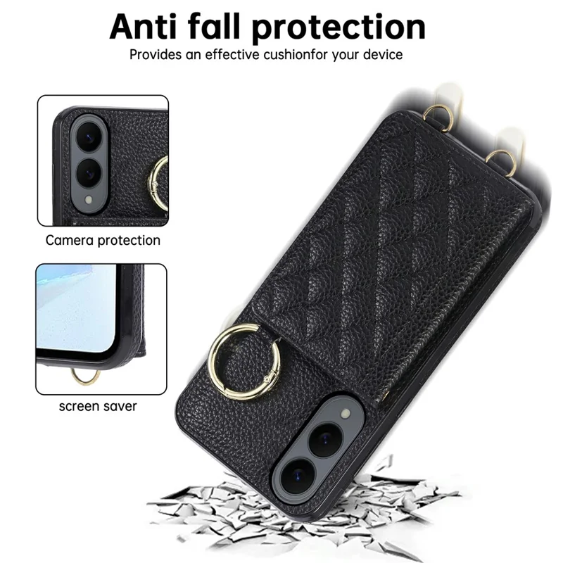 For Samsung Galaxy S25 Edge Case Kickstand Rhombus Leather + TPU Phone Cover with Shoulder Strap - Black