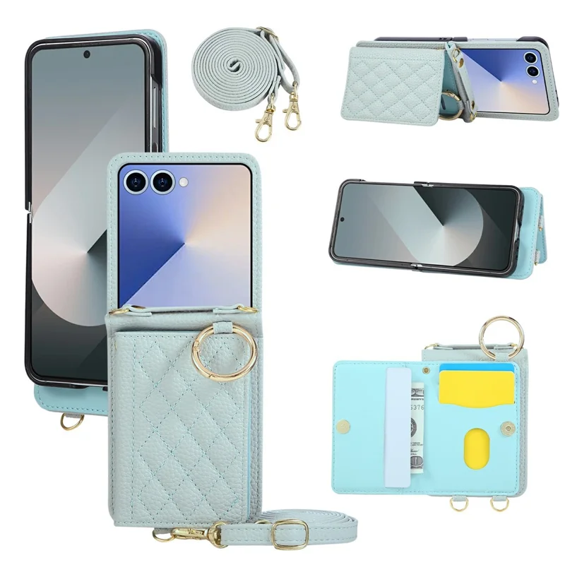 Funda para Samsung Galaxy Z Flip7 5G con Soporte Tipo Rombo de Cuero + TPU con Correa para el Hombro - Azul