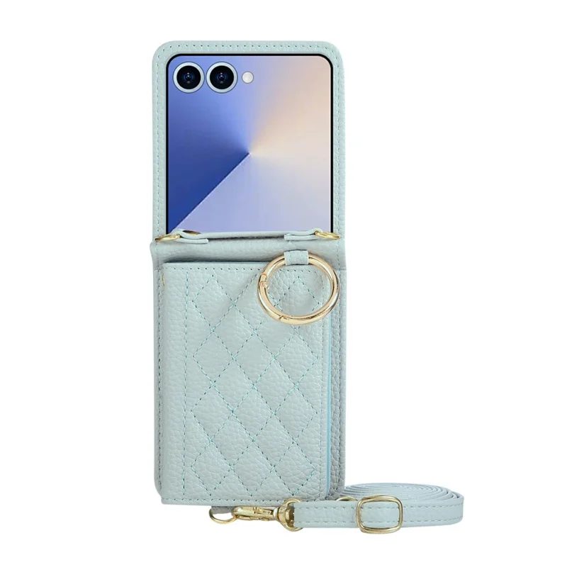 Funda para Samsung Galaxy Z Flip7 5G con Soporte Tipo Rombo de Cuero + TPU con Correa para el Hombro - Azul