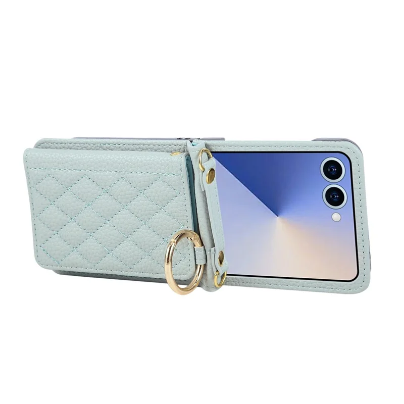 Funda para Samsung Galaxy Z Flip7 5G con Soporte Tipo Rombo de Cuero + TPU con Correa para el Hombro - Azul