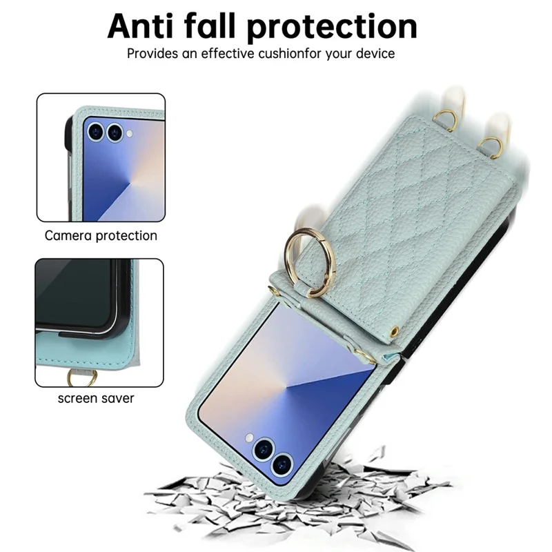 Funda para Samsung Galaxy Z Flip7 5G con Soporte Tipo Rombo de Cuero + TPU con Correa para el Hombro - Azul