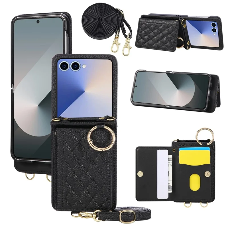 Cover per Samsung Galaxy Z Flip7 5G con Supporto a Rombo in Pelle + TPU con Cinturino a Tracolla - Nero
