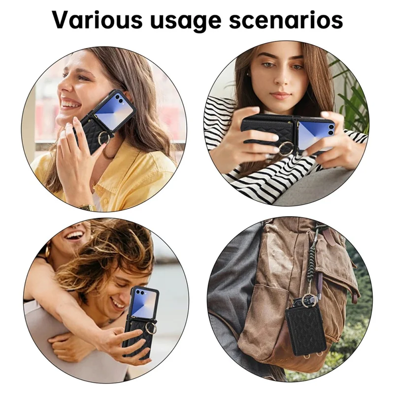 Cover per Samsung Galaxy Z Flip7 5G con Supporto a Rombo in Pelle + TPU con Cinturino a Tracolla - Nero