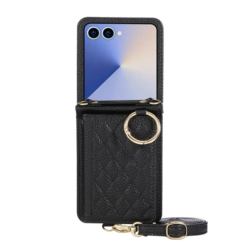 Cover per Samsung Galaxy Z Flip7 5G con Supporto a Rombo in Pelle + TPU con Cinturino a Tracolla - Nero