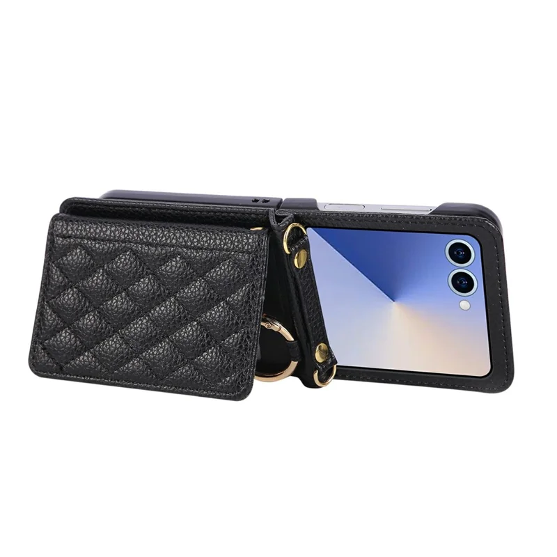Cover per Samsung Galaxy Z Flip7 5G con Supporto a Rombo in Pelle + TPU con Cinturino a Tracolla - Nero